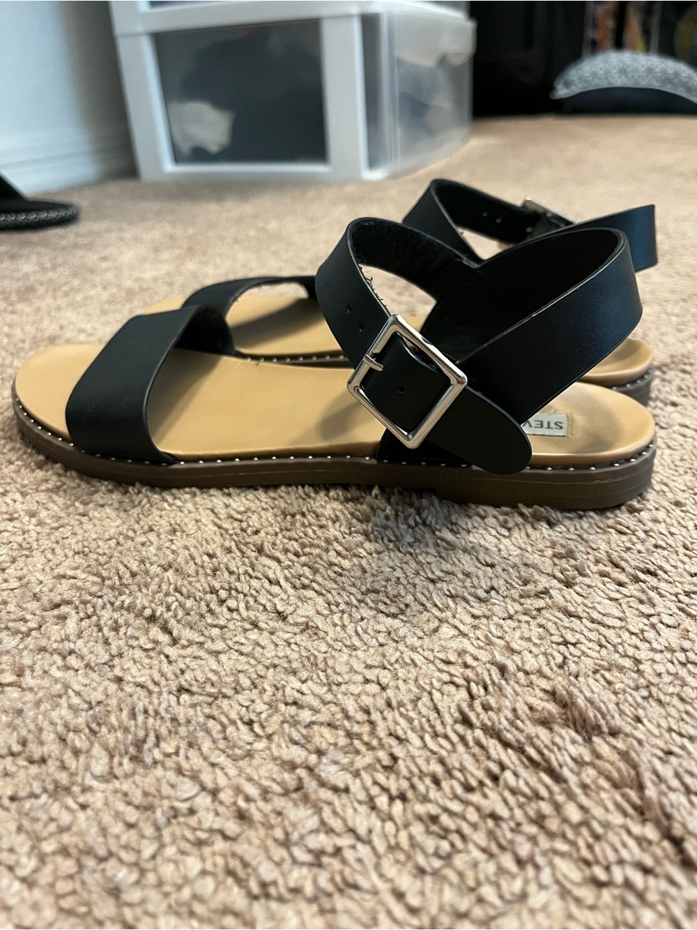 Steve Madden Black and Tan Open-Toe Ankle-Strap Sandals - Picture 5 of 6